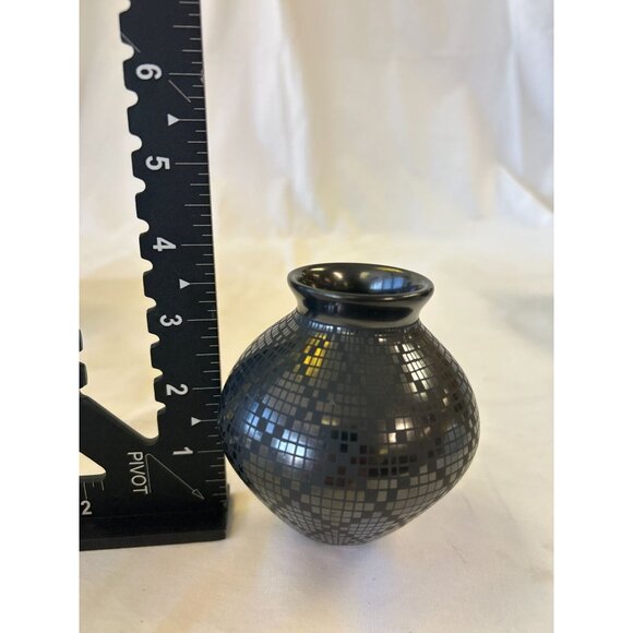 Black & Silver Mosaic Design Ceramic Vase 4" Decorative Home Accent - Picture 2 of 2